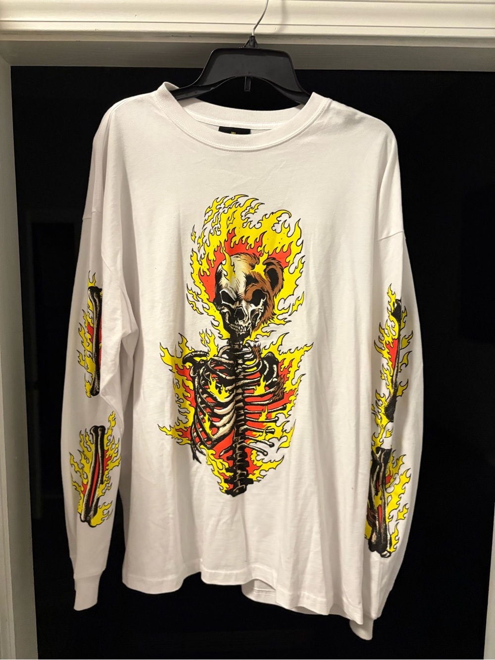 Teddy Fresh White Long Sleeve Tee with Flaming Skeleton Graphic